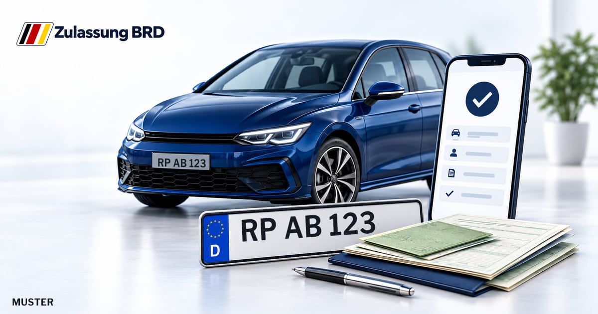 Online Fahrzeugzulassung in Dudenhofen: Musterkennzeichen RP AB 123, Auto und Fahrzeugpapiere und Smartphone. Illustration mit Logo von Zulassung BRD.